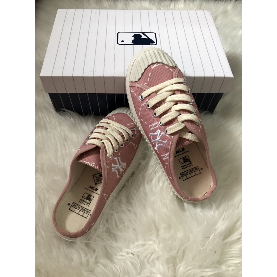 Giày đạp gót MLB NY, Sục MLB thêu chữ NY màu hồng  size 35-39