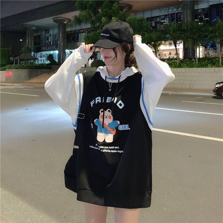 Áo Hoodie Tay Dài Giả Hai Lớp In Họa Tiết Hoạt Hình Phong Cách Hàn Quốc 2020 Cho Nữ
