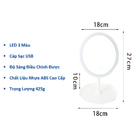 GƯƠNG TRANG ĐIỂM ĐỂ BÀN CÓ ĐÈN LED CẢM ỨNG CAO CẤP KHÔNG CẦN PIN-3 CHẾ ĐỘ ÁNH SÁNG