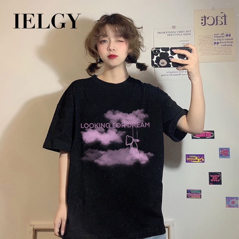 Áo thun IELGY tay ngắn dáng dài in họa tiết phong cách Hàn Quốc thời trang thoải mái cho nữ