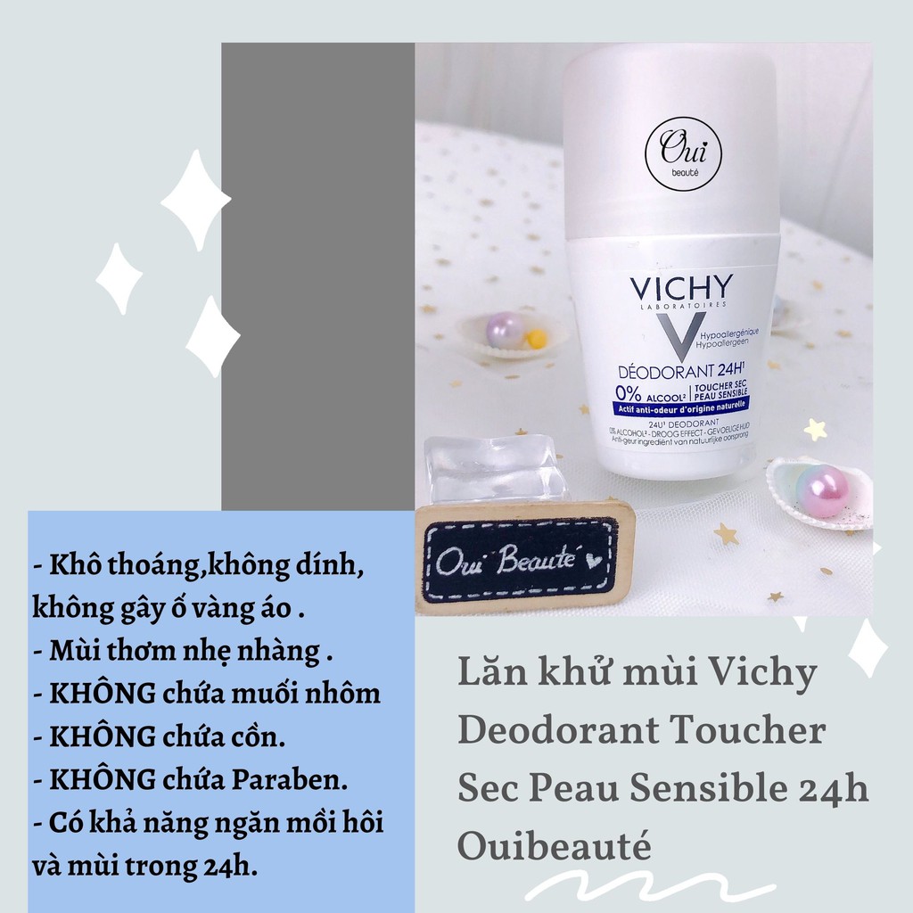 Lăn khử mùi Vichy Deodorant Toucher Sec Peau Sensible 24h , Lăn khô thoáng vùng da dưới cánh tay 50ml Ouibeaute