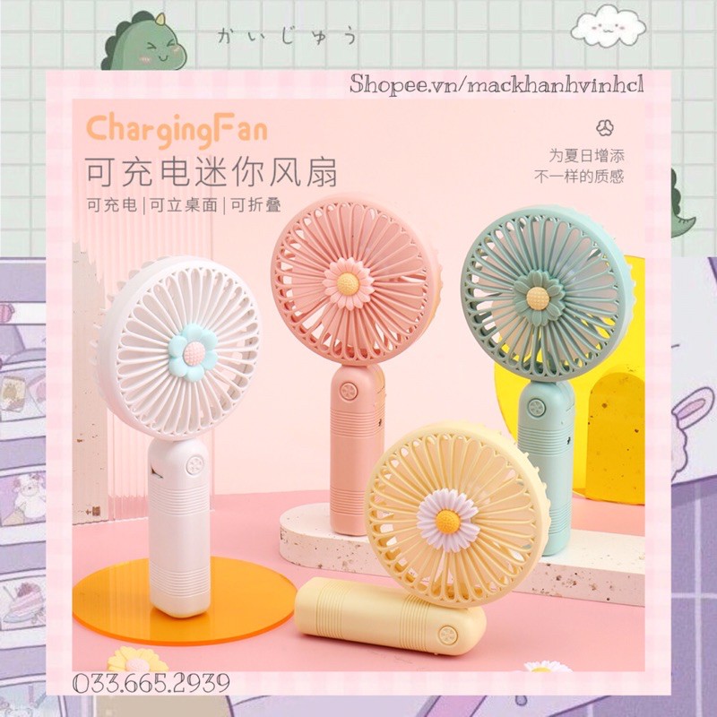 Quạt Mini Cầm Tay Tích Điện Hoa Cúc (Tặng kèm dây sạc)