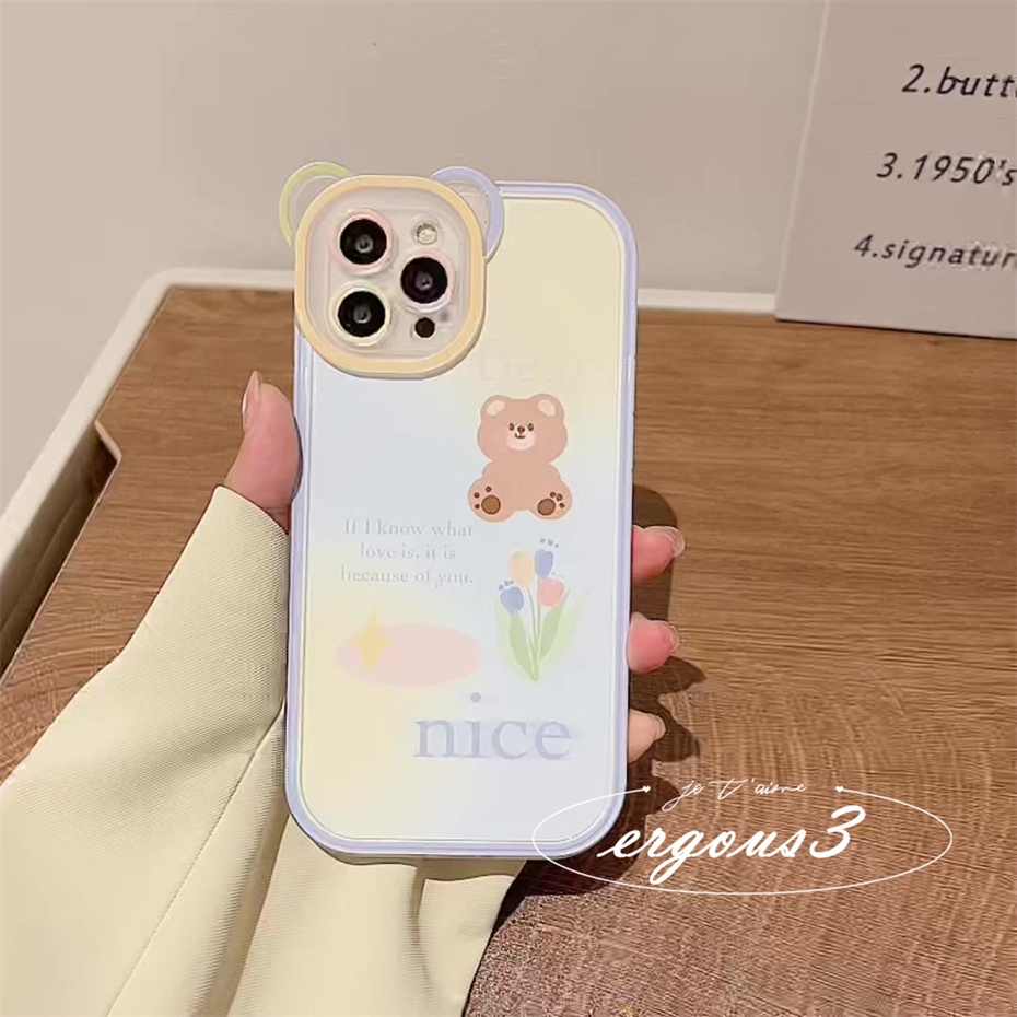 Ốp Điện Thoại Mềm Họa Tiết Hoa Tulip Gấu Bảo Vệ Lens Cho iPhone 14 13 12 11 Pro Max SE2020 X XR Xs Max 7 8 6 6s Plus