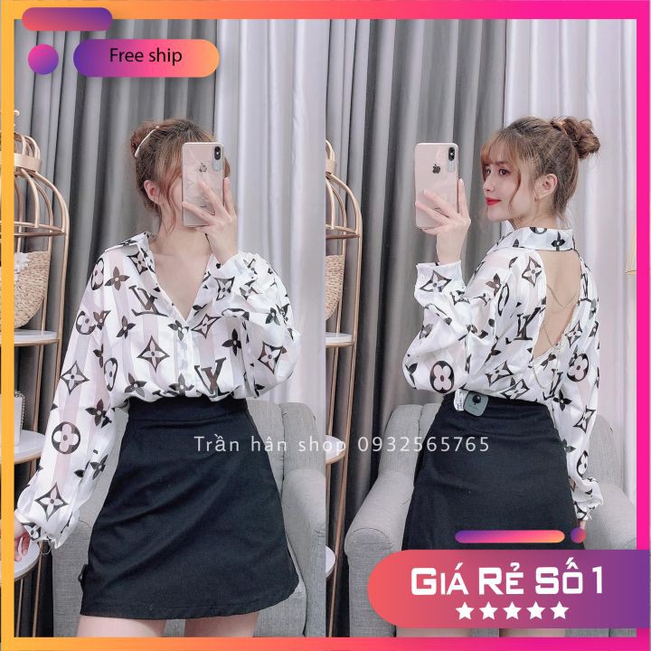 áo sơ mi voan nữ họa tiết tay dài hở lưng đan dây xích cực kì quyến rũ sang chảnh❣️1004753