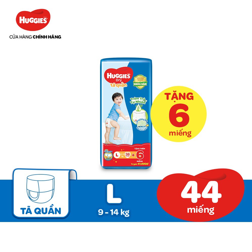 TÃ Quần Huggies Tràm Trà Tự Nhiên Dry M42/L38/XL32/XXL28 + Tặng 6 miếng:M42