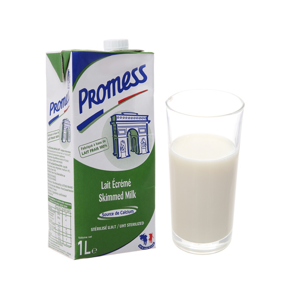 Thùng 6 hộp Sữa tươi không đường Promess 1 lít - Pháp: tách béo, nguyên kem, tăng canxi