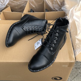 Boots đen cổ cao cột dây đế thấp phong cách, cá tính