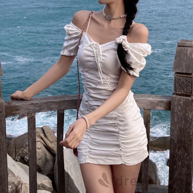 Đầm Tay Phồng Màu Sắc Trơn Phối Dây Rút Thời Trang Mùa Hè Quyến Rũ Cho Nữ