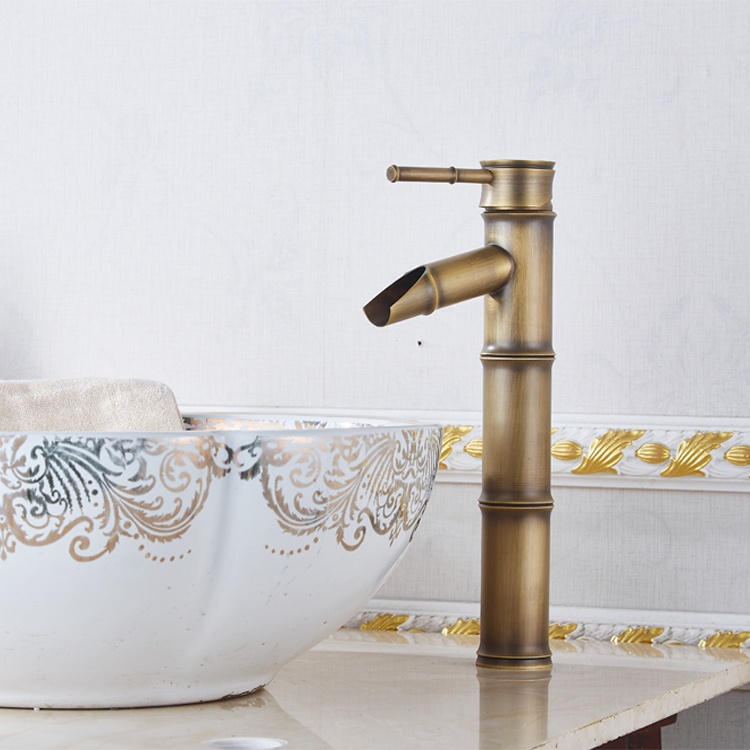 (Tặng kèm dây cấp nước)Vòi Lavabo, vòi bồn rửa mặt chất liệu đồng thiết kế thân trúc độc đáo, lạ mắt sang trọng cao 30cm