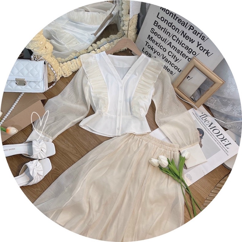 SET ÁO VOAN TƠ BÈO TD  + CHÂN VÁY MIDI NHỌN NUDE