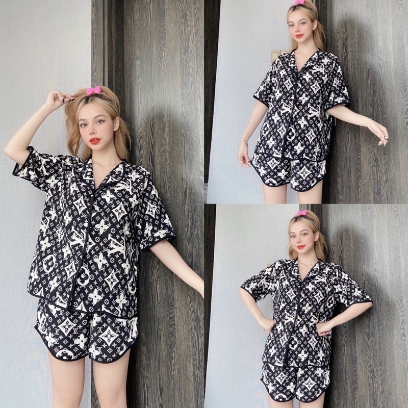 Bộ Pịama Lụa 100D Cổ Bẻ Đùi Hoạ Tiết Ảnh Thật