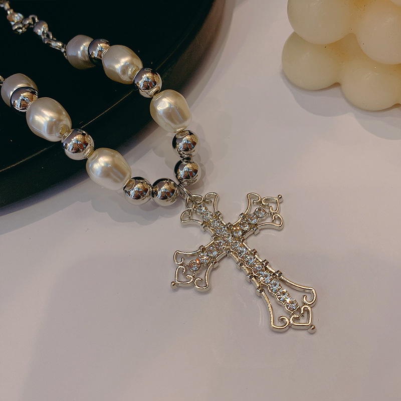 Vòng cổ Chuỗi Ngọc Trai Mặt Thánh Giá Phong Cách hip hop Cho Nam Và Nữ