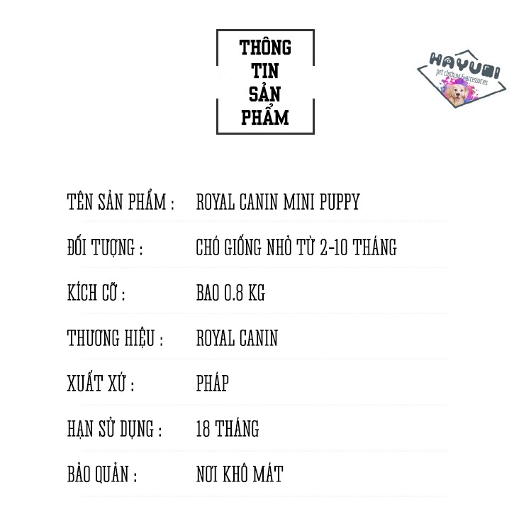 [TÚI 0.8KG] HẠT KHÔ ROYALCANIN MINI PUPPY - DÀNH CHO CHÓ GIỐNG NHỎ - TỪ 2-10 THÁNG TUỔI