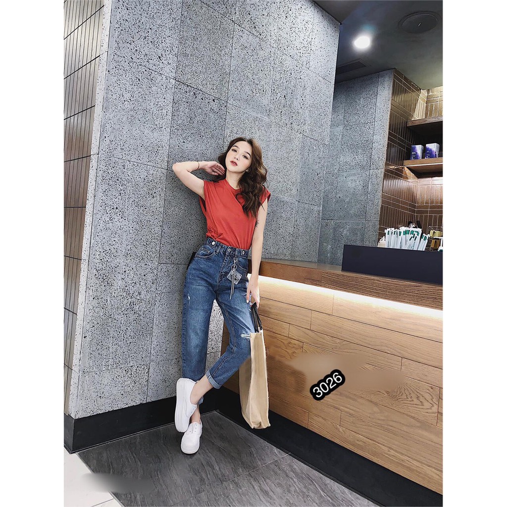 XẢ HÀNG GIÁ RẺ_Quần Baggy Jeans Nữ Rách Gối Cao Cấp OHS3026