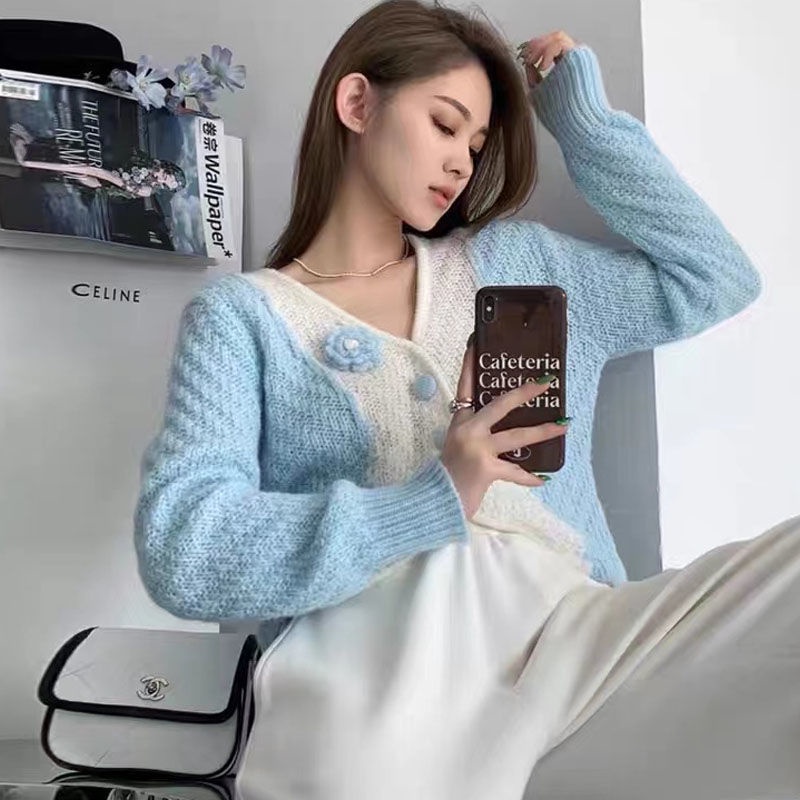 Áo Dệt Kim Tay Dài Cổ Thấp Họa Tiết Hoa Ba Chiều Thời Trang Mùa Thu Phong Cách Hàn Quốc Cho Nữ