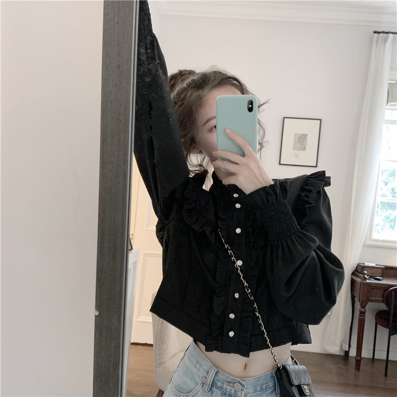 Áo kiểu tay dài cổ cao đính nút bằng gỗ thời trang phong cách retro | BigBuy360 - bigbuy360.vn