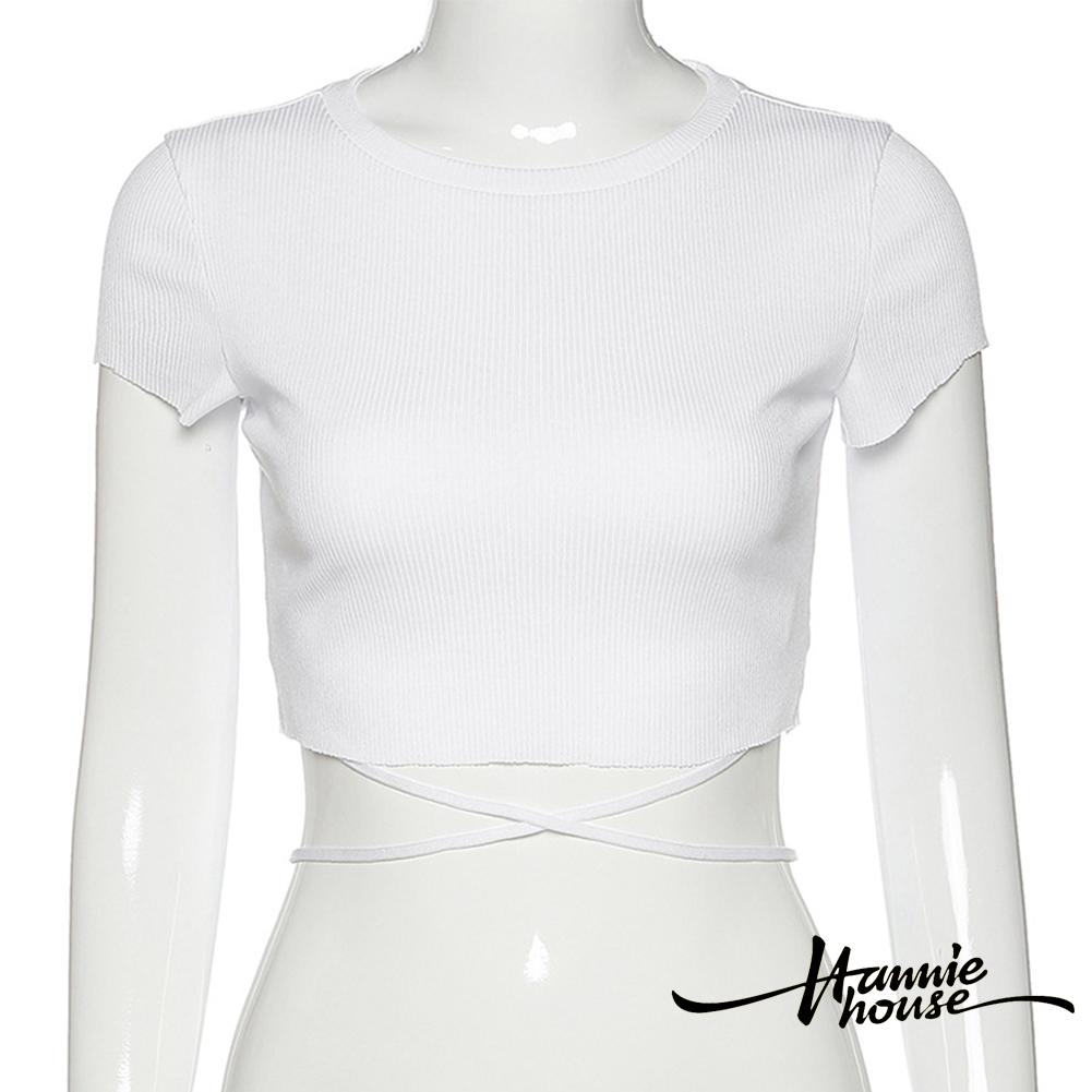 Áo kiểu croptop tay ngắn thiết kế dây bắt chéo quyến rũ cho nữ