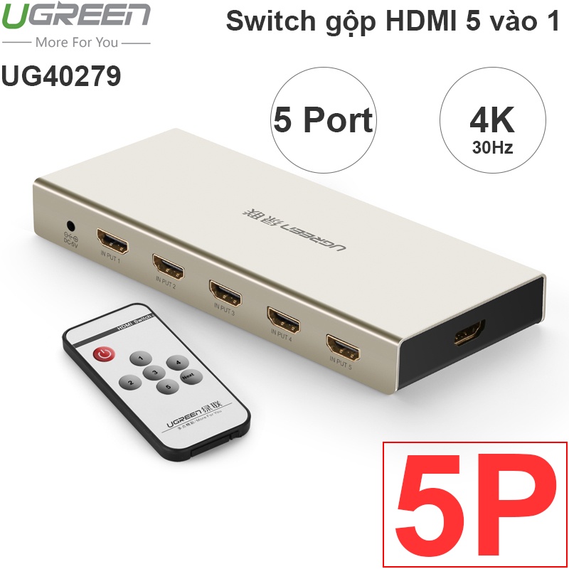 Bộ gộp HDMI 5 ra 1 Ugreen 40279 ( HDMI 4K ARC Auto cổng, Vỏ NHôm ) kèm Remos