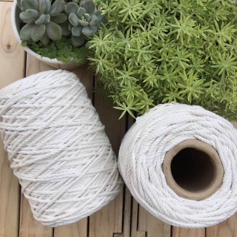 Dây thừng cotton đan Macrame màu trắng kem sợi xoắn 3mm, 4mm