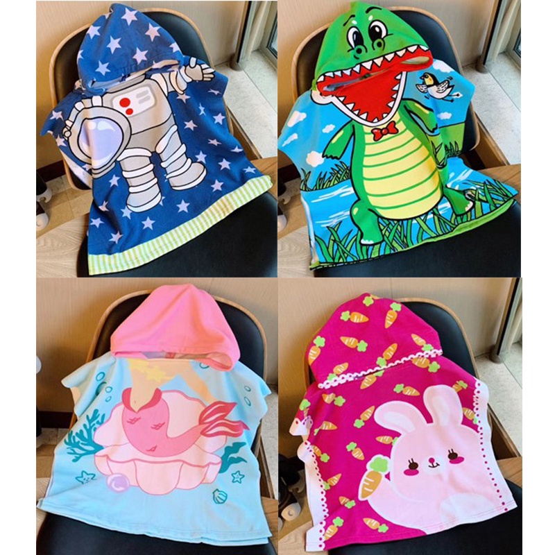 Khăn tắm dạng áo choàng có mũ trùm đầu họa tiết hoạt hình dễ thương kích thước 60*120cm tiện dụng cho bé
