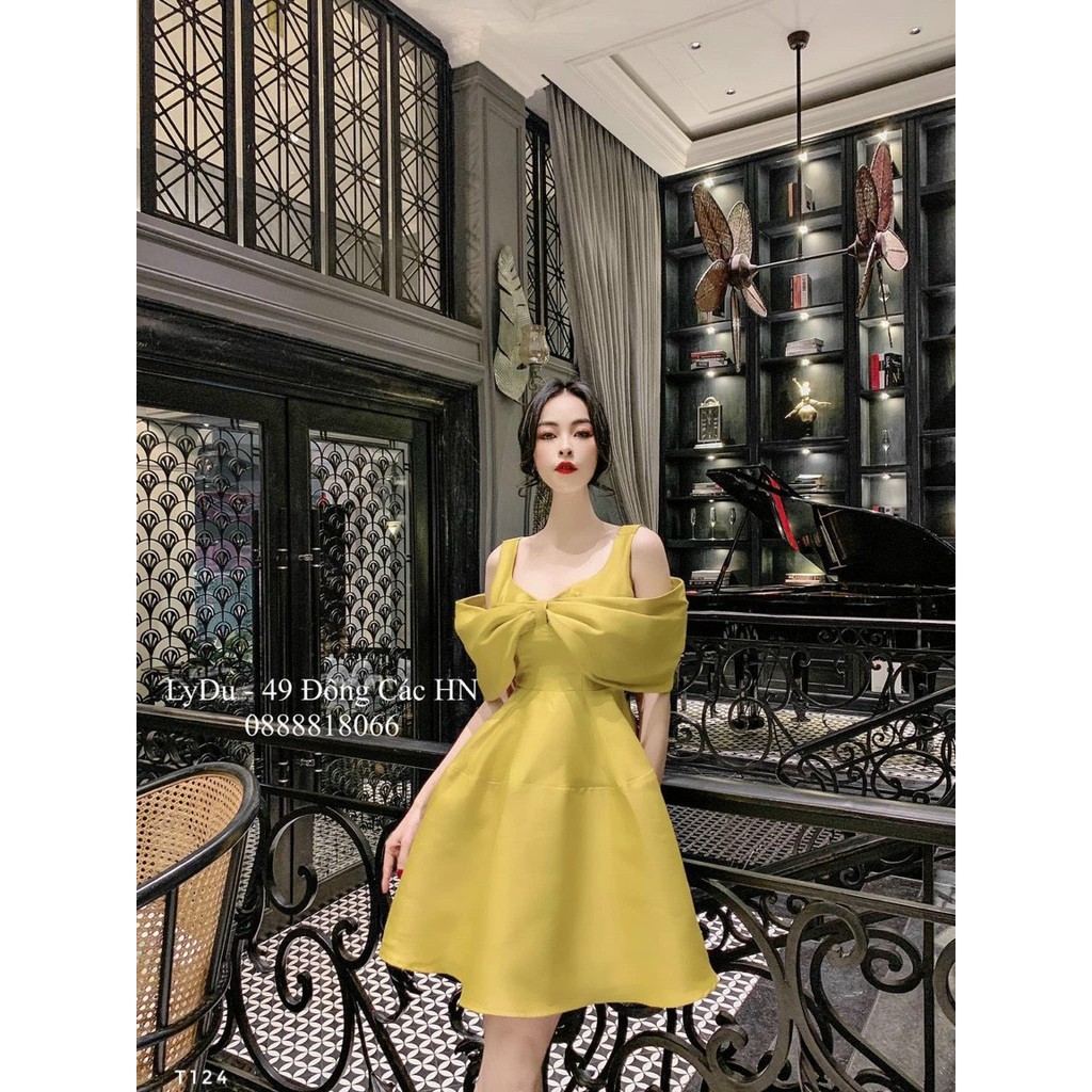 Đầm tafta bóng trễ vai nơ ngực 2 gam màu nhẹ nhàng siêu xinh