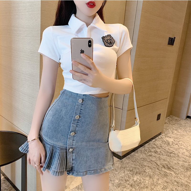 DUNEA Chân Váy Denim Lưng Cao Phối Nút Thiết Kế Xếp Ly Nữ Tính