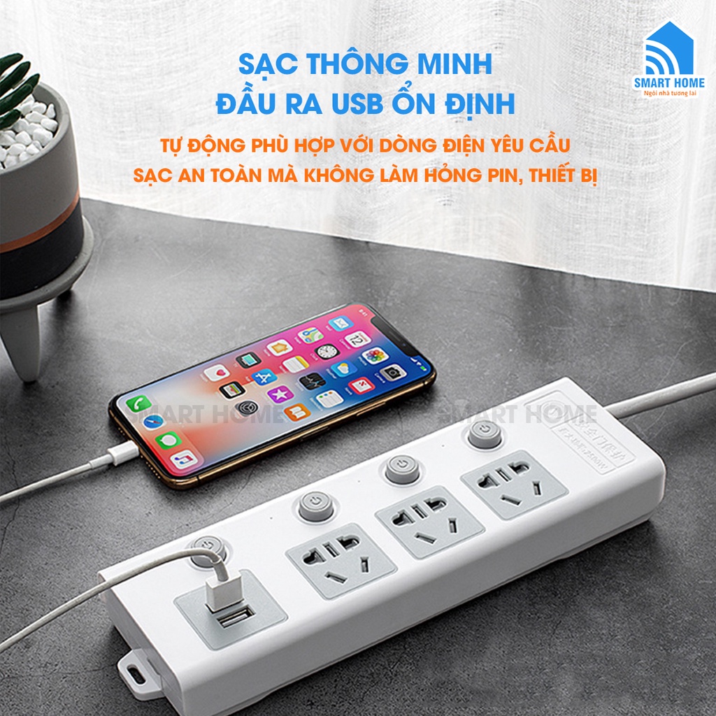 Ổ Cắm Điện Đa Năng Thông Minh, Ổ Điện An Toàn, Chống Giật, Cổng USB 5V, Chịu Tải 2500W, Dây Lên Đến 4.5m