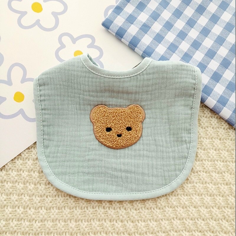 Yếm dãi xô Muslin họa tiết gấu thỏ phong cách hàn, yếm đeo cổ thời trang chất liệu hữu cơ cho bé quàng ấm cổ, bé ăn dặm