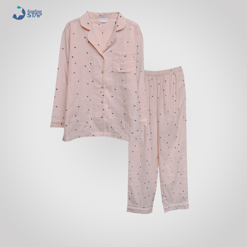 【Orient Star】New Spring and Summer Couple's Cotton Double-Layer Yarn Long-Sleeved Homewear Suit Breathable Men's and Women's Pajamas
