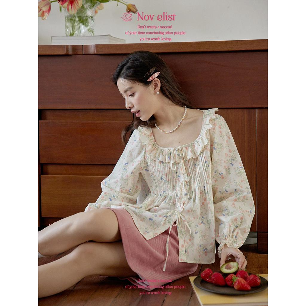 61710 Áo Sơ Mi Hoa Cổ Tròn Rộng Rãi