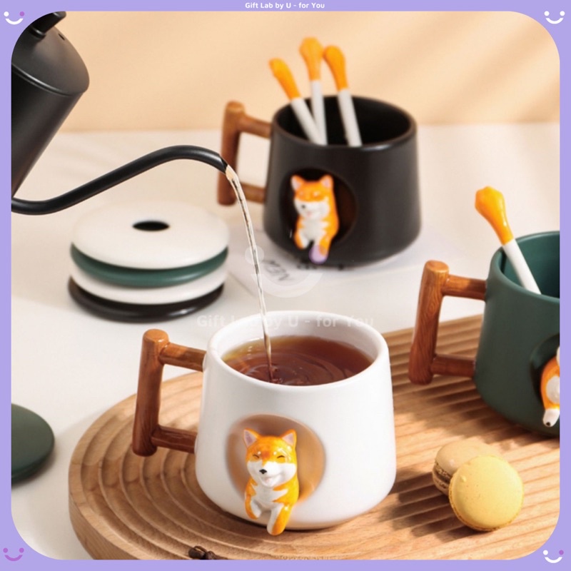 Cốc gốm sứ cao cấp hình cún shiba cười siêu chill kèm nắp thìa [Quà tặng ý nghĩa]