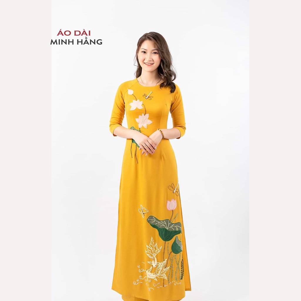 Áo Dài Truyền Thống Nữ Cổ Tròn Tay Lỡ Thêu Hoa Sen Đính Hạt Trai Thủ Công_ Áo Dài Minh Hằng