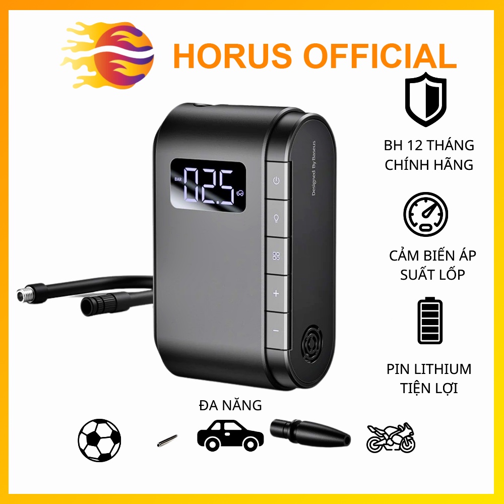 Bơm đa năng cầm tay Baseus, bơm ô tô bơm xe máy, bơm điện cầm tay có cảm biến áp suất lốp, hiển thị áp suất lốp bh 12 th