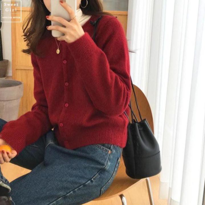 Hot sale 2021 Áo cardigan len mềm mịn  cài khuy cổ tròn form thụng basic đơn giản vintage công sở Hàn Quốc