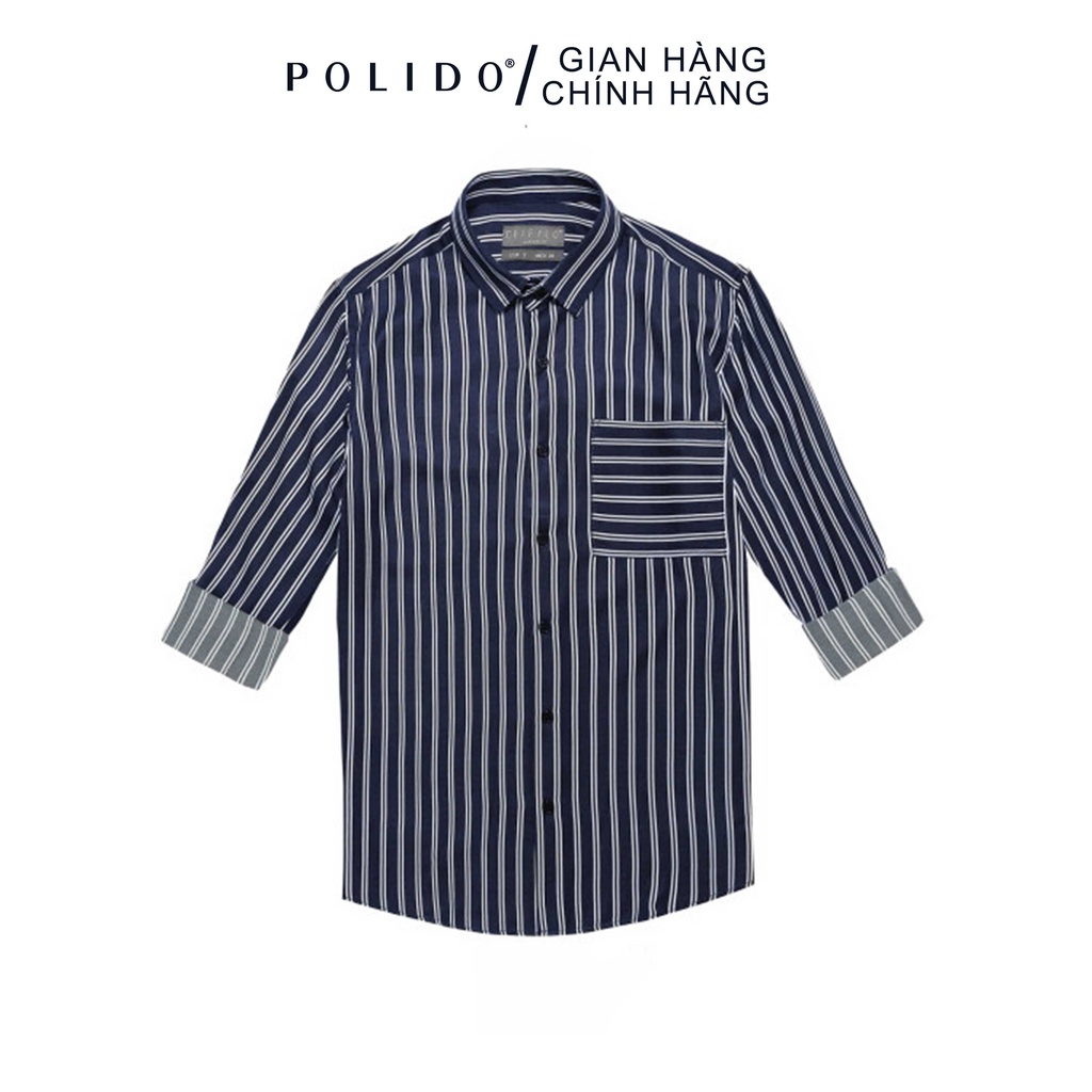 Áo Sơ Mi Nam Dài Tay Nam CEFFYLO Màu Xanh Navy Kẻ Sọc Phối Túi Ở Ngực Chất Cotton Chuẩn Style