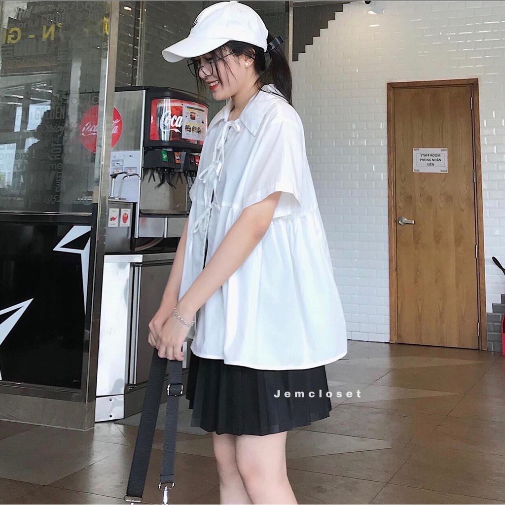 Áo Babydoll Nữ Buộc Dây Trắng Đen 🦋 Áo Sơ Mi Nữ Cộc Tay Cổ Bẻ 2 Màu 🦋