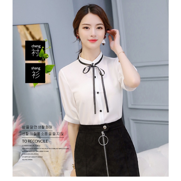 Áo Sơ Mi Kiểu Phong Cách Hàn Quốc Cổ Trụ  Đính Nơ Cực Xinh