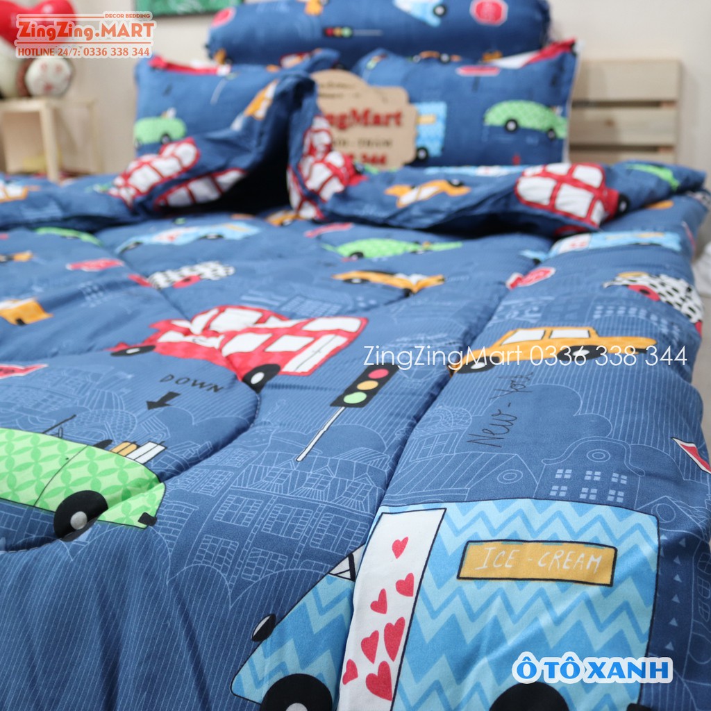 [ Chăn Phao ] Bộ 5 Món Chăn Phao Ga Gối Mẫu Ô tô Poly COTTON Chăn Bông Trần [ Chăn phao + Ga chun + 2 Vỏ gối + Vỏ ôm ]