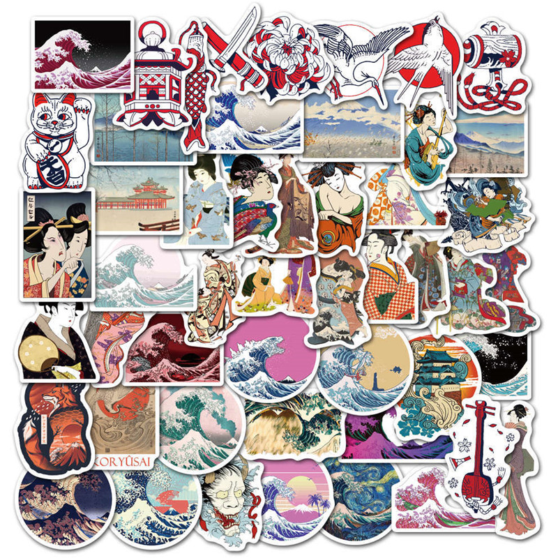 Bộ 100 miếng dán hình sóng biển kanagawa nghệ thuật