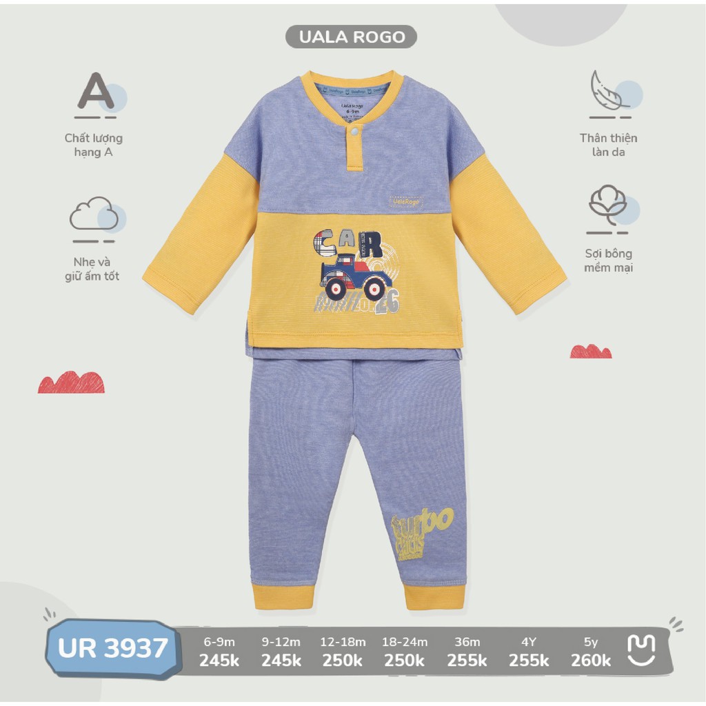 Bộ dài tay cho bé Ualarogo 6 tháng - 5 tuổi vải cotton cúc cổ bo ống thu đông giữ ấm