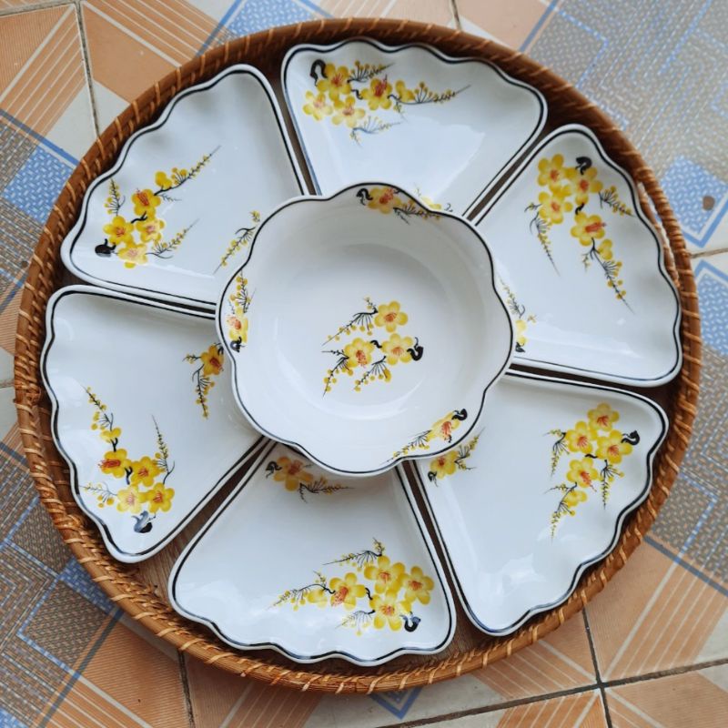 Bộ bát đĩa Hoa mặt trời vẽ mai vàng đ.kính 45cm - Hàng sứ Bát Tràng