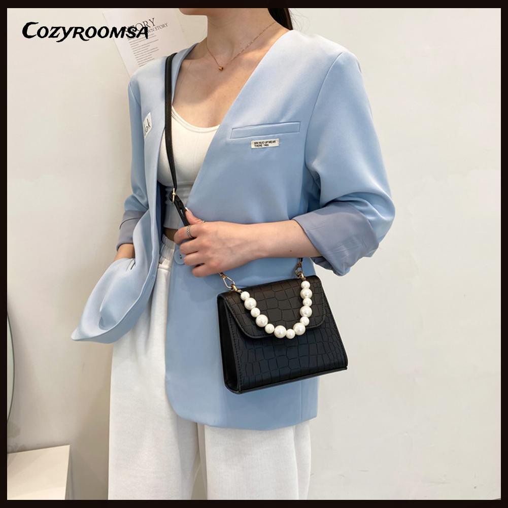 Fashion Women Stone Pattern Leather Shoulder Bag Pearl Top-handle Handbags