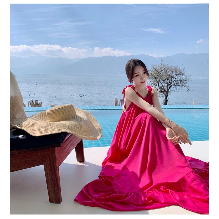 Váy cổ yếm buộc dây dáng xoè đi biển đầm màu hồng sen nữ đẹp maxi dáng dài rộng bigsize bikini Hàn Quốc 9135 DK2T301
