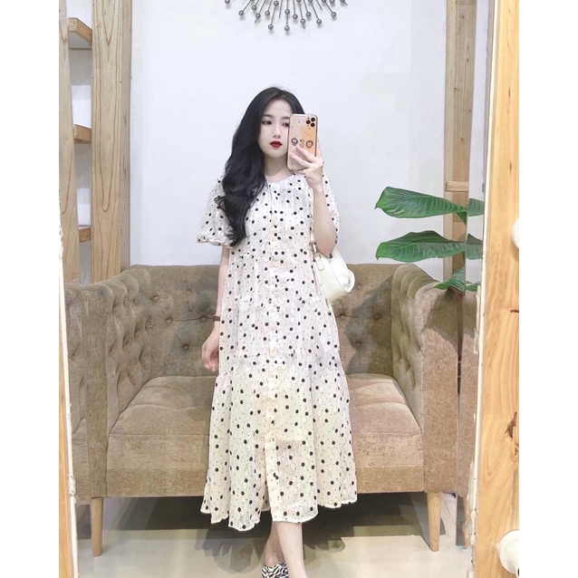 VÁY/ĐẦM/MAXI TƠ HOA CHẤM BI 2 LỚP TAY CÁNH TIÊN DÁNG DÀI TẦNG HOT