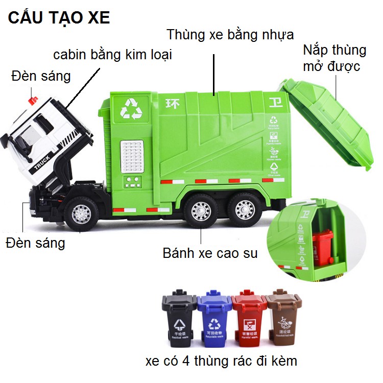 Xe mô hình ô tô chở rác bằng hợp kim và nhựa có âm thanh và đèn tỉ lệ 1:50 kèm 4 thùng rác mini