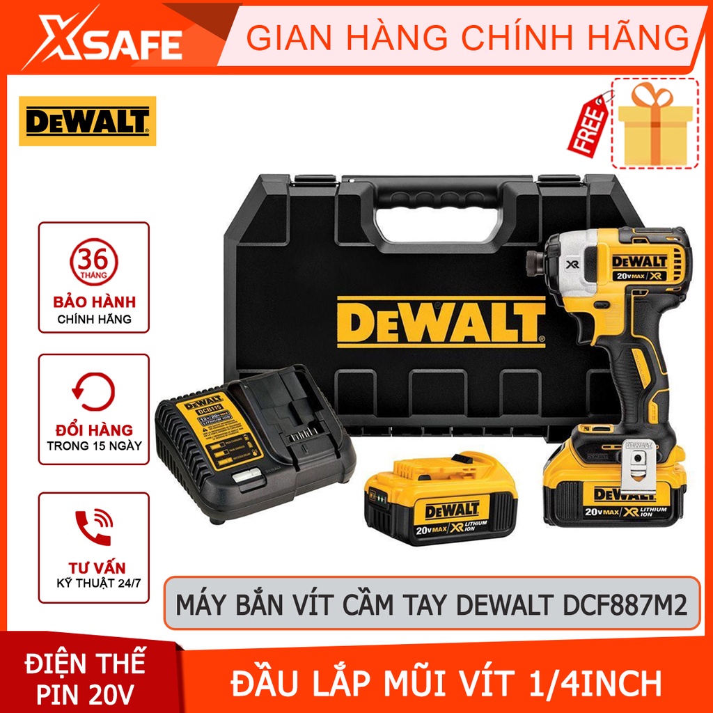 Máy bắn vít dùng pin DEWALT DCF887M2 20V động cơ không chổi than bền bỉ, đầu lắp mũi vít 1/4&quot;, kèm 2 pin 1 sạc và vali