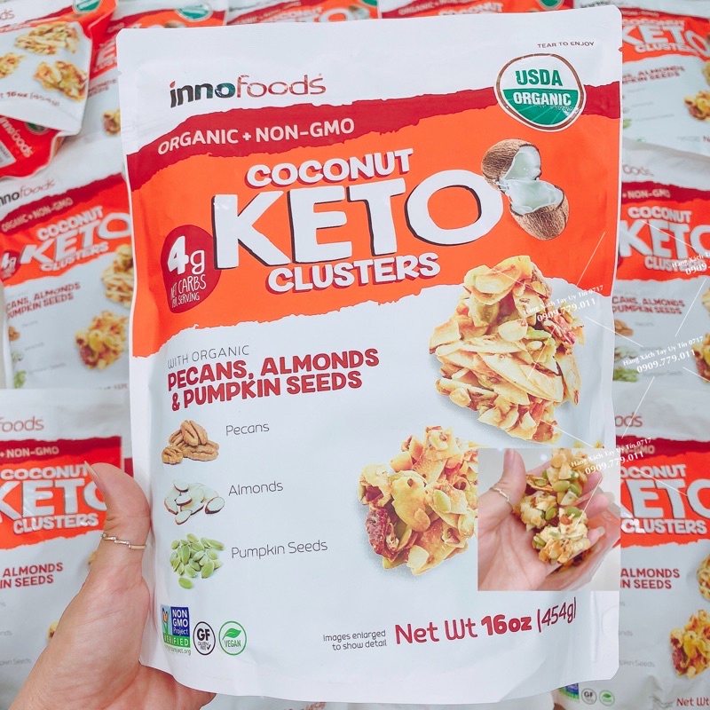 Snack Keto dừa mix các loại hạt Keto Organic Coconut Keto Clusters của Mỹ 454g [Hàng Bay]
