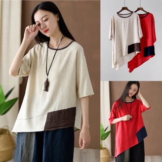 Áo linen chắp vá lệch tà