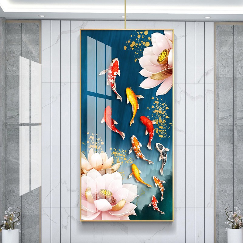 Tranh Cửu Ngư Quần Hội và Hoa Sen hồng tuyệt đẹp chất liệu bóng kiếng hoặc nhám kim sa BK_0195