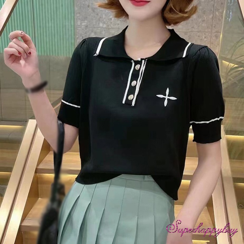 Áo Thun Tay Ngắn Phồng Cổ Bẻ Thêu Họa Tiết Phong Cách Retro Dành Cho Nữ